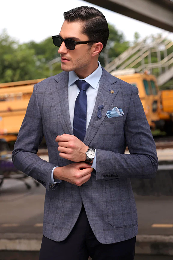 Light Blue Window Pane Check Blazer
