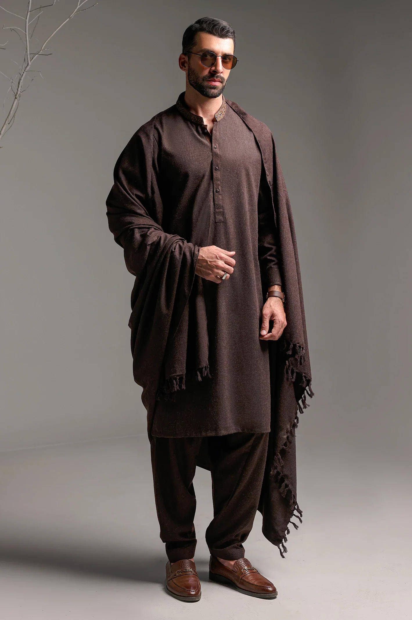 Dark Brown Shalwar Kameez with Shawl - Image 2