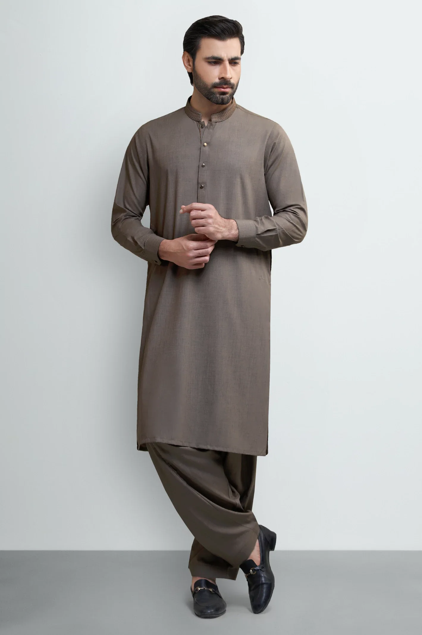 Brown Wash & Wear Shalwar Kameez - Image 2