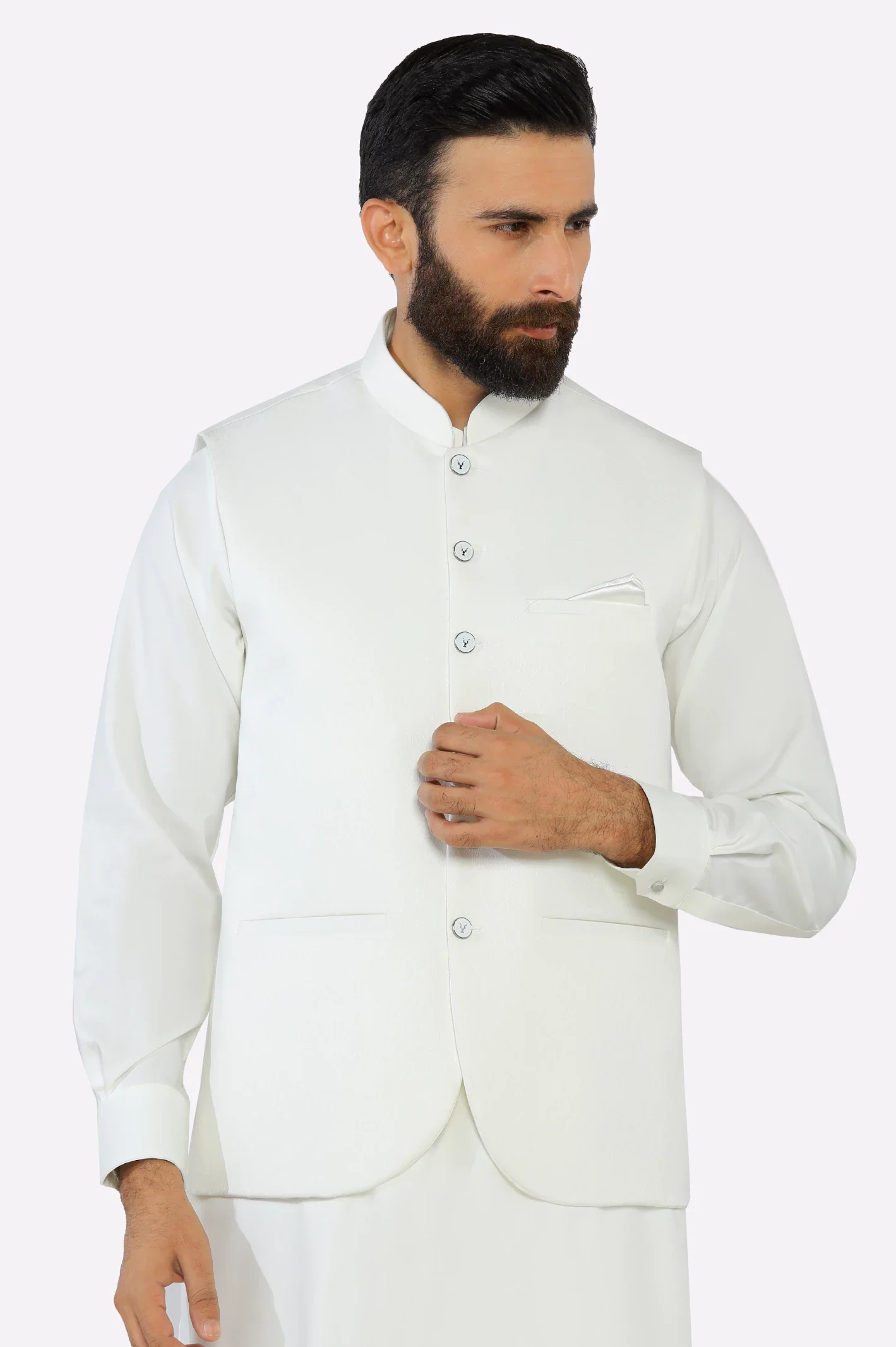 Off White Shalwar Kameez with Waistcoat - Image 2