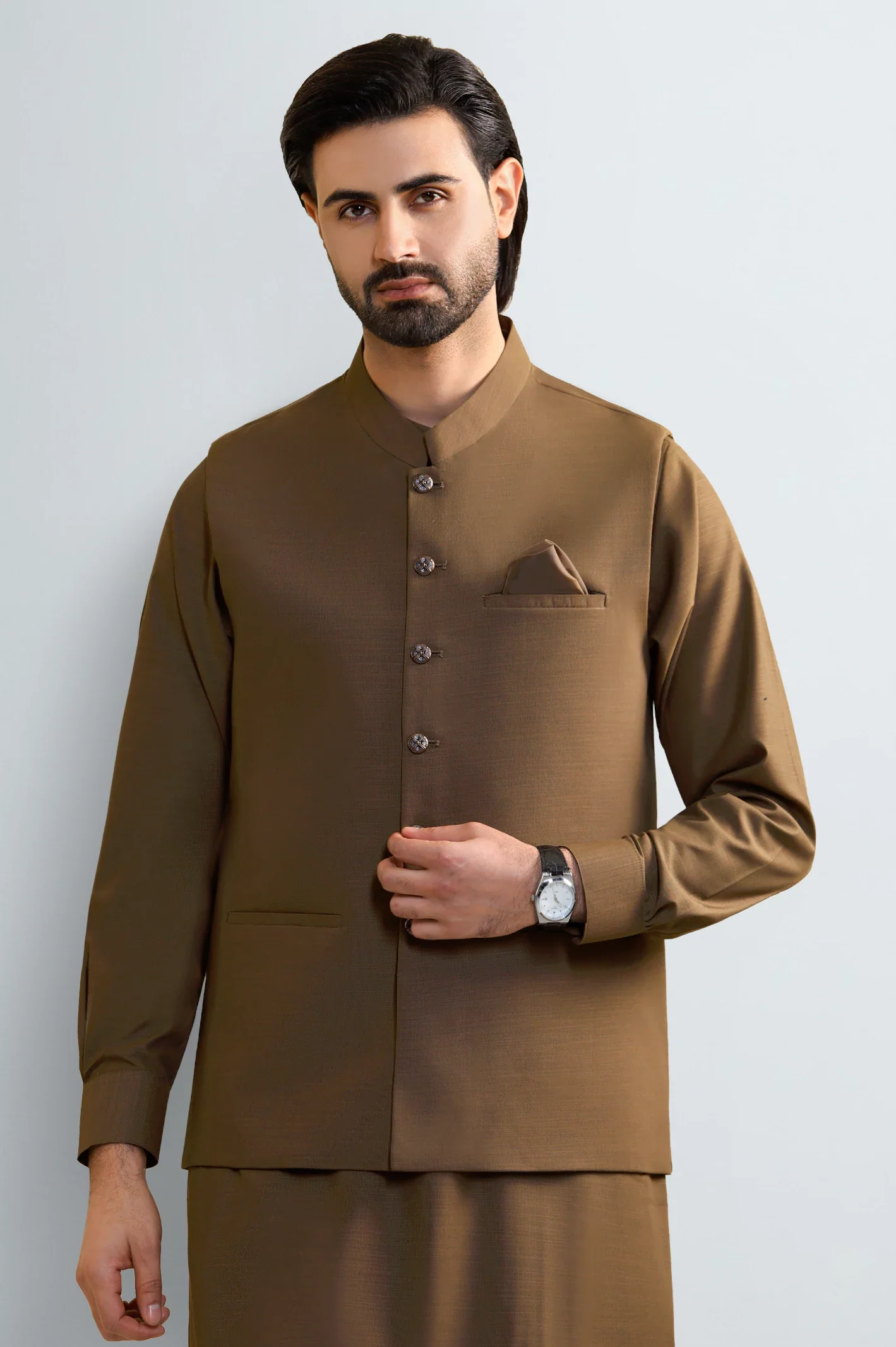 Brown Shalwar Kameez with Waistcoat - Image 2
