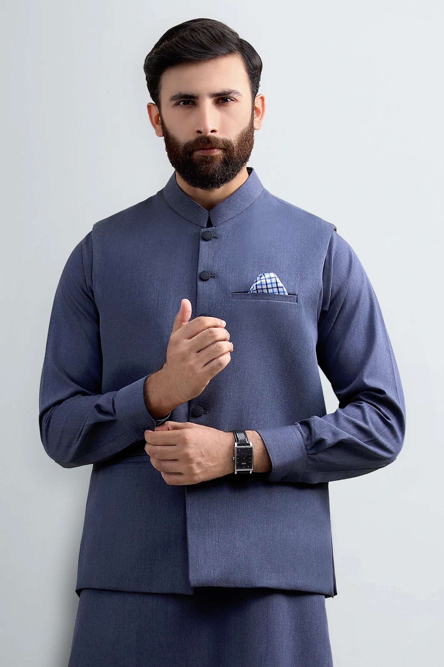 Dark Blue Shalwar Kameez with Waistcoat - Image 2
