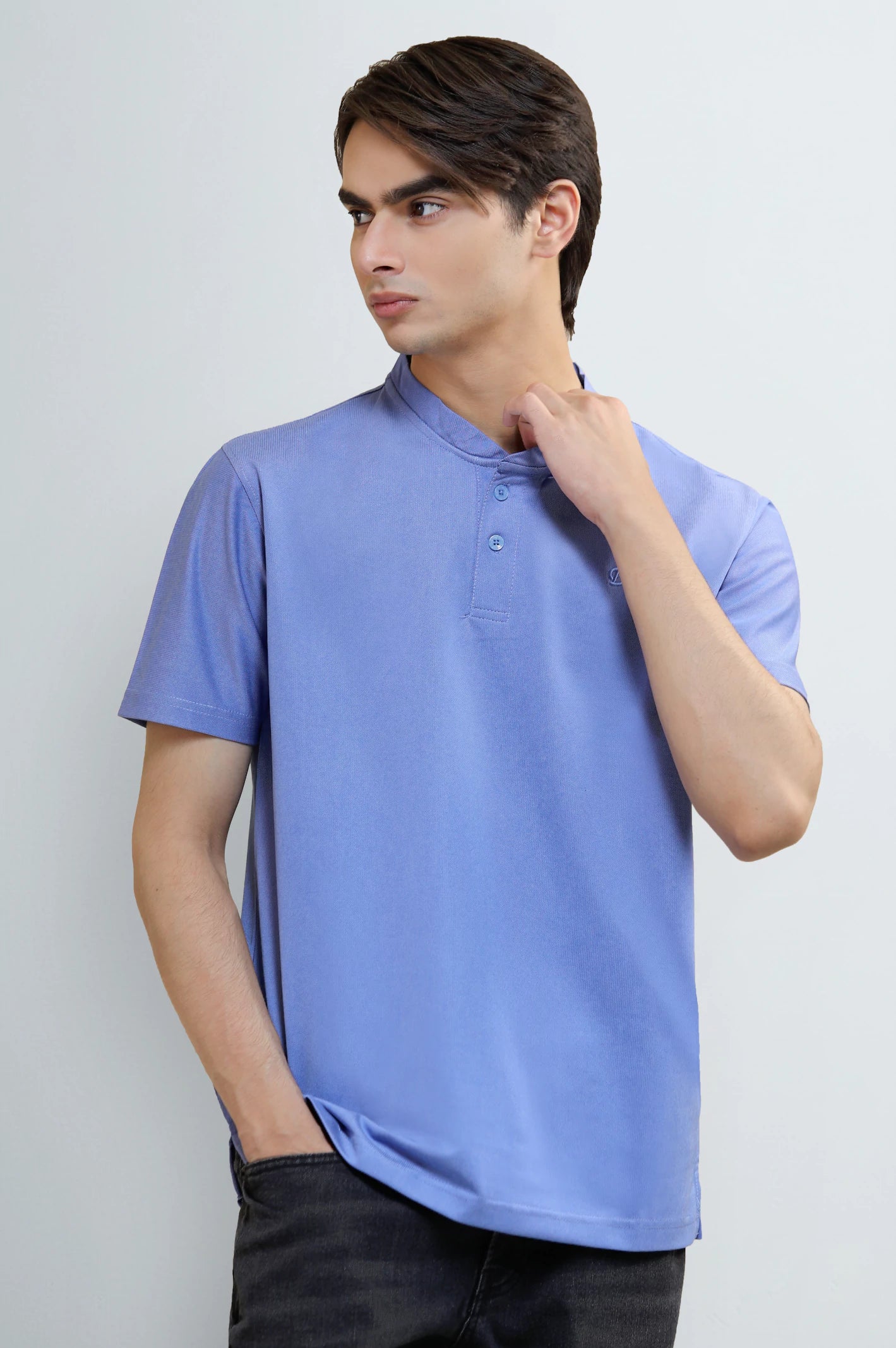 Men's Blue Solid Stand-Up Collar Polo T-Shirt