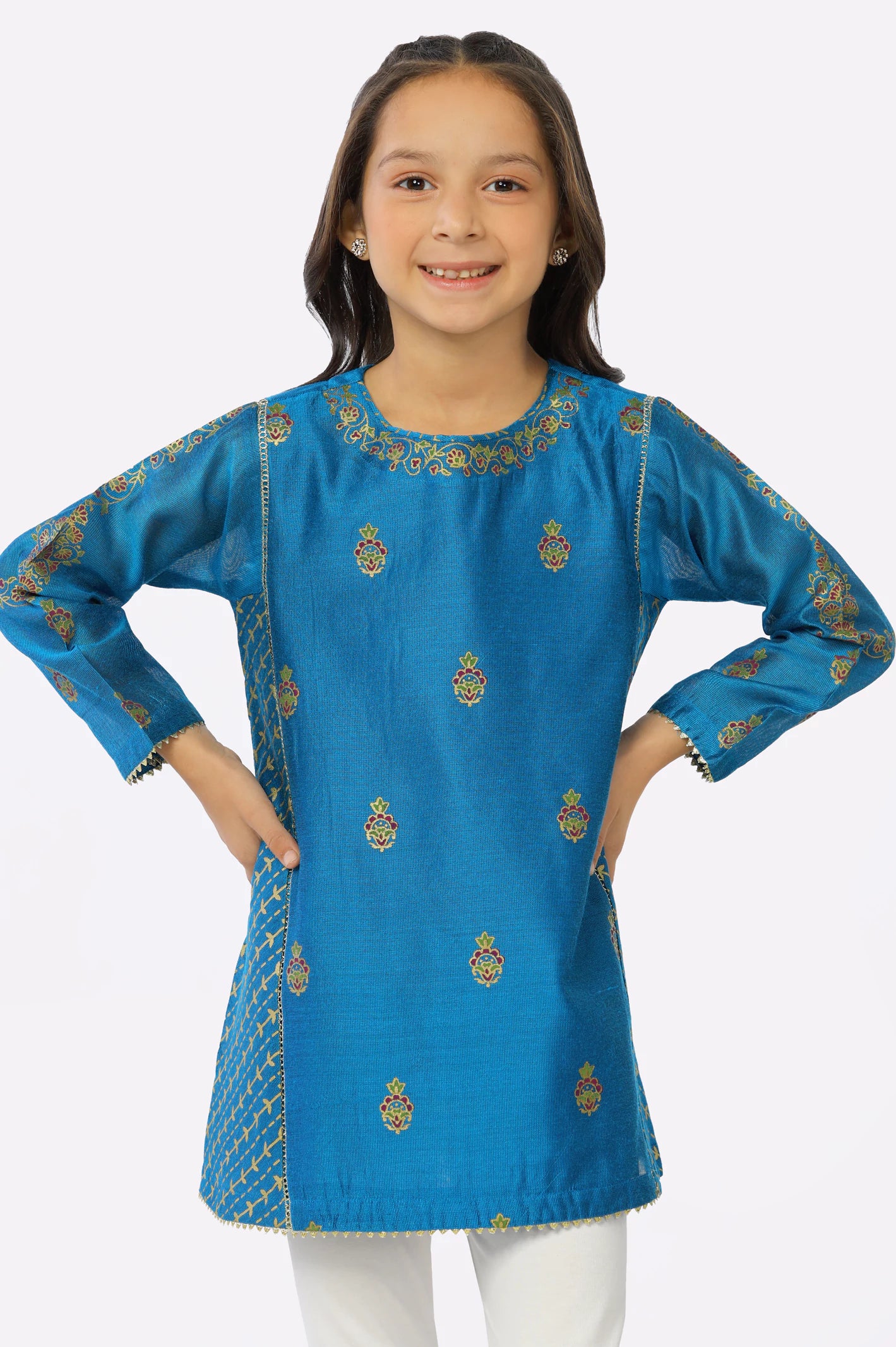 Blue Khaddi Net Block Printed Girls Kurti - Image 2