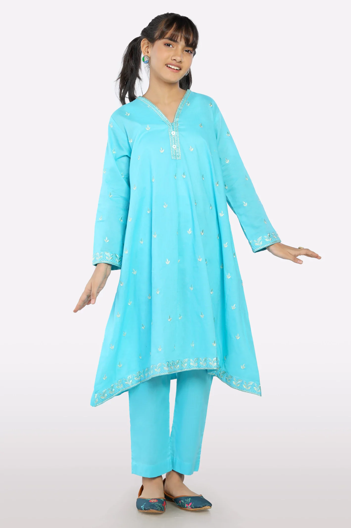 Sea Green Embroidered Girls 2PC