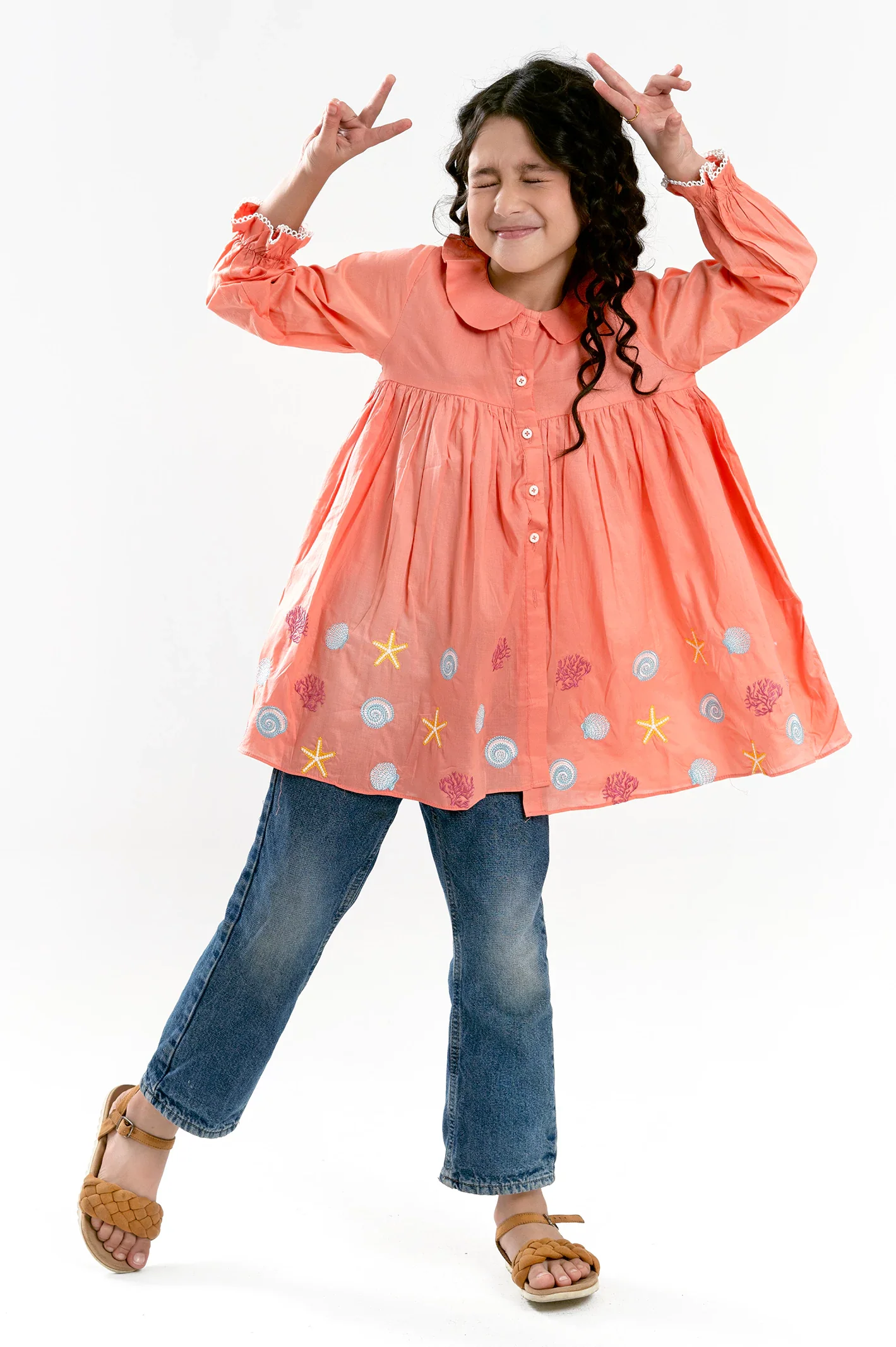 Peach Embroidered Girls Kurti - Image 3