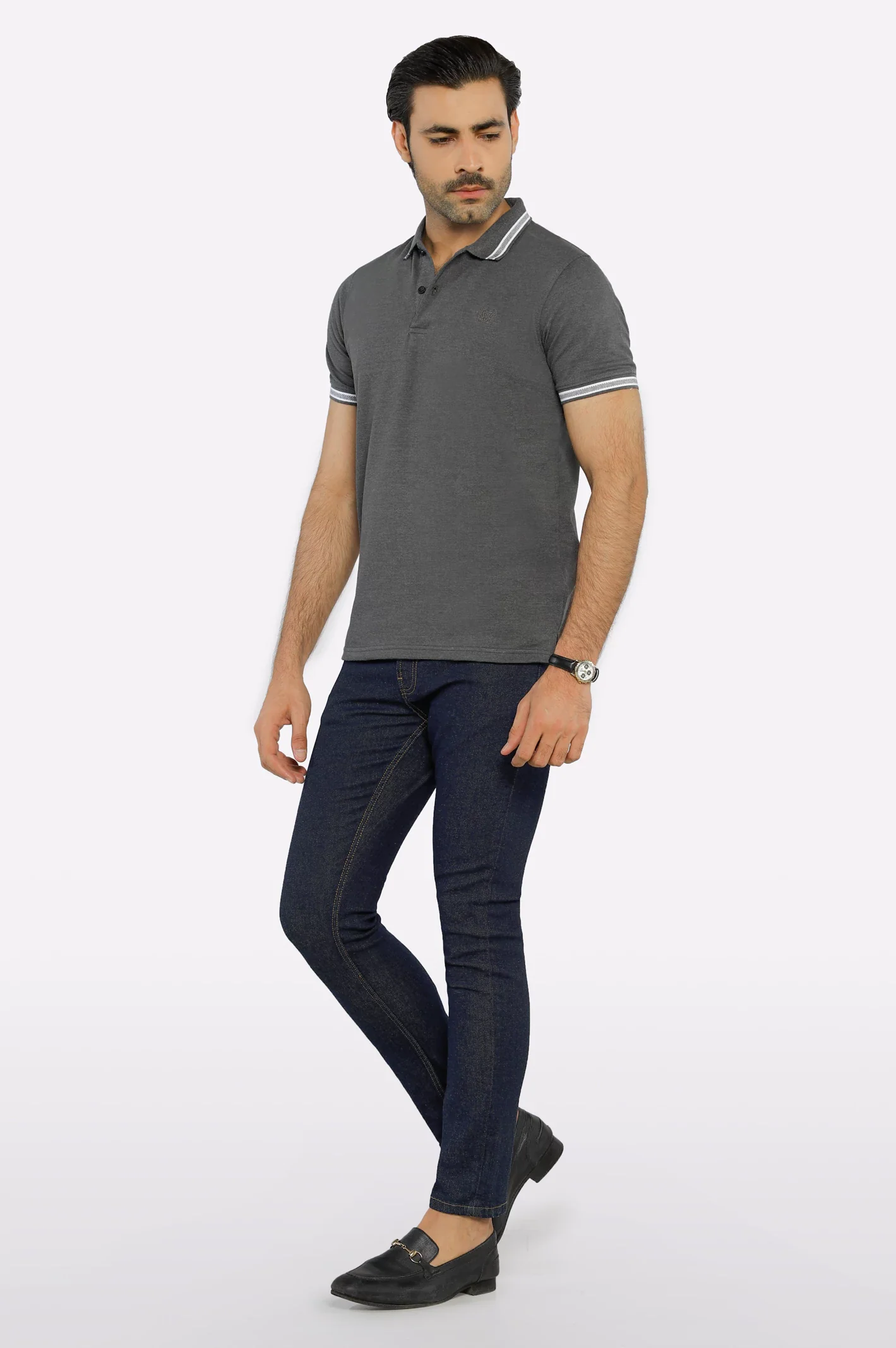 Charcoal Jacquard Collar Polo - Image 2