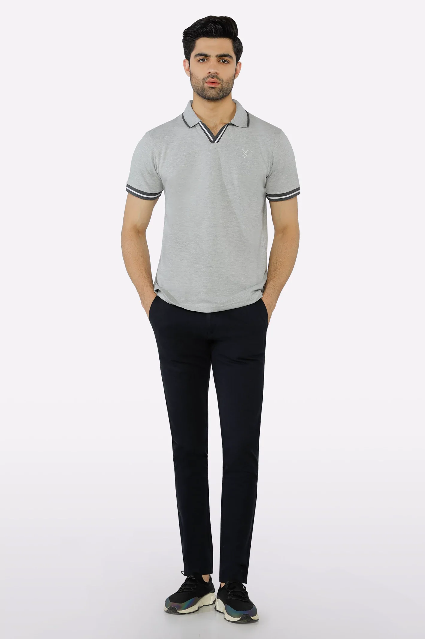Heather Grey Jacquard Collar Polo - Image 2