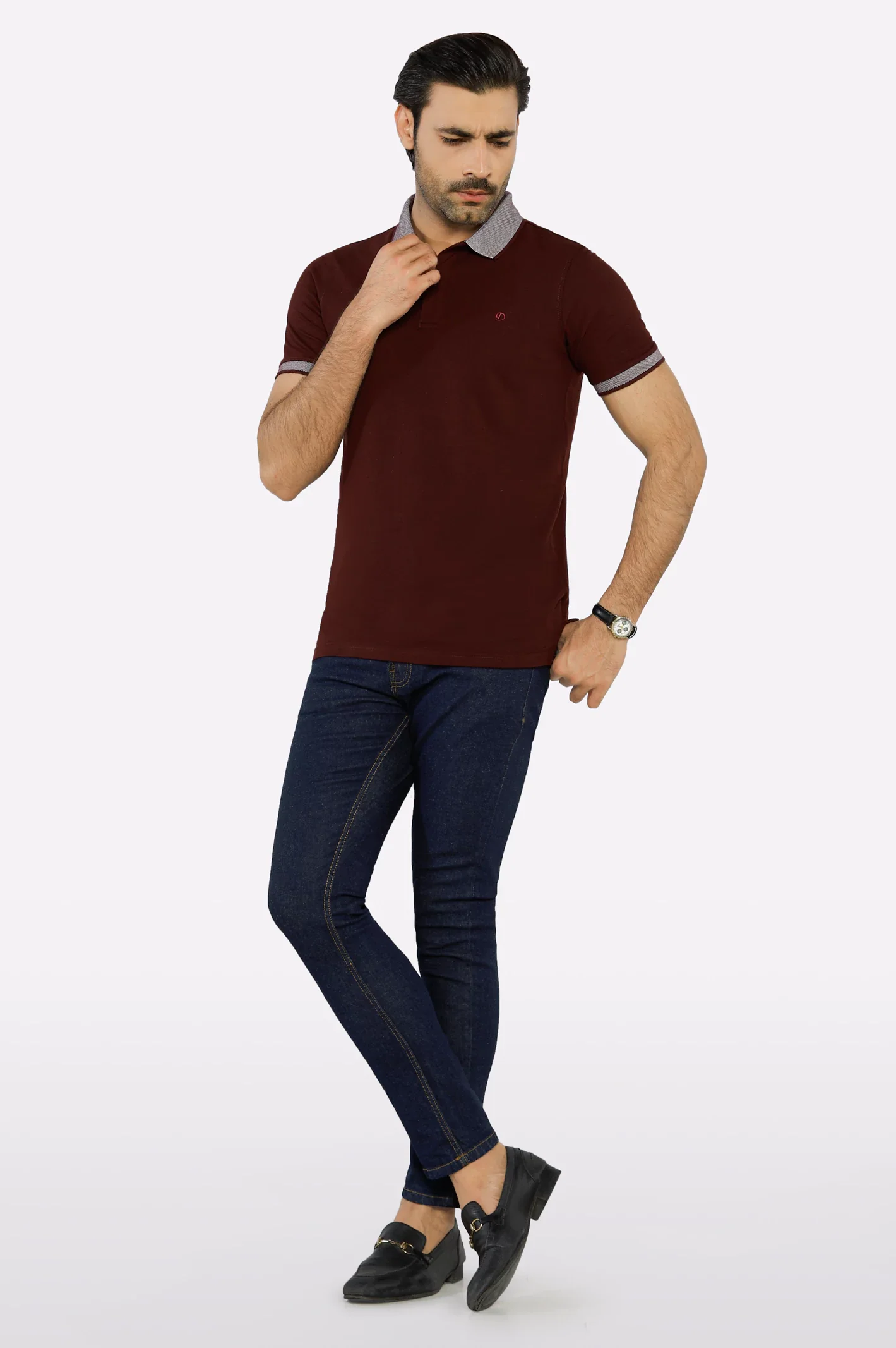 Maroon Jacquard Collar Polo - Image 2