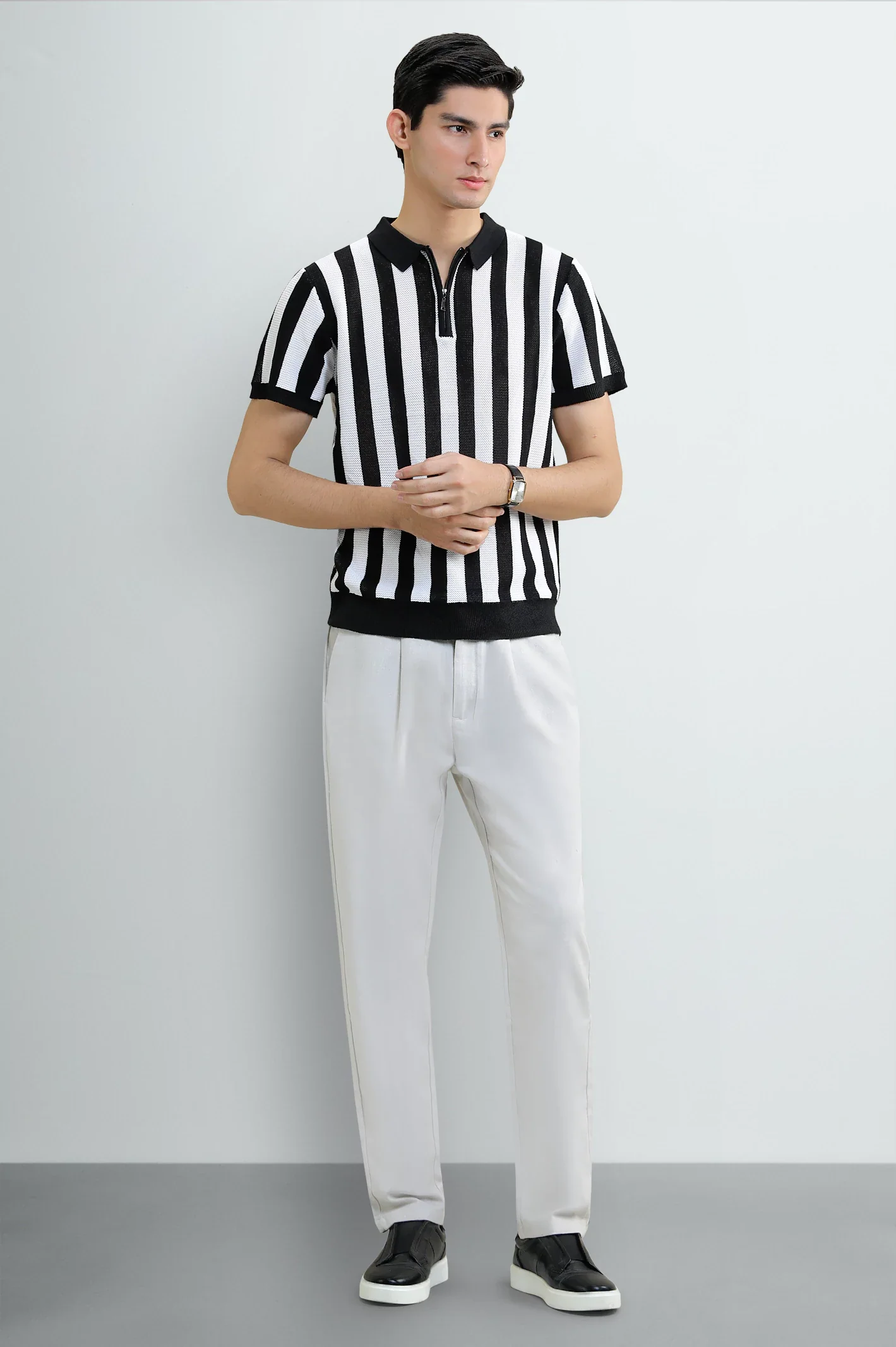 Men's Black Striped Flat Knit Polo - Image 2