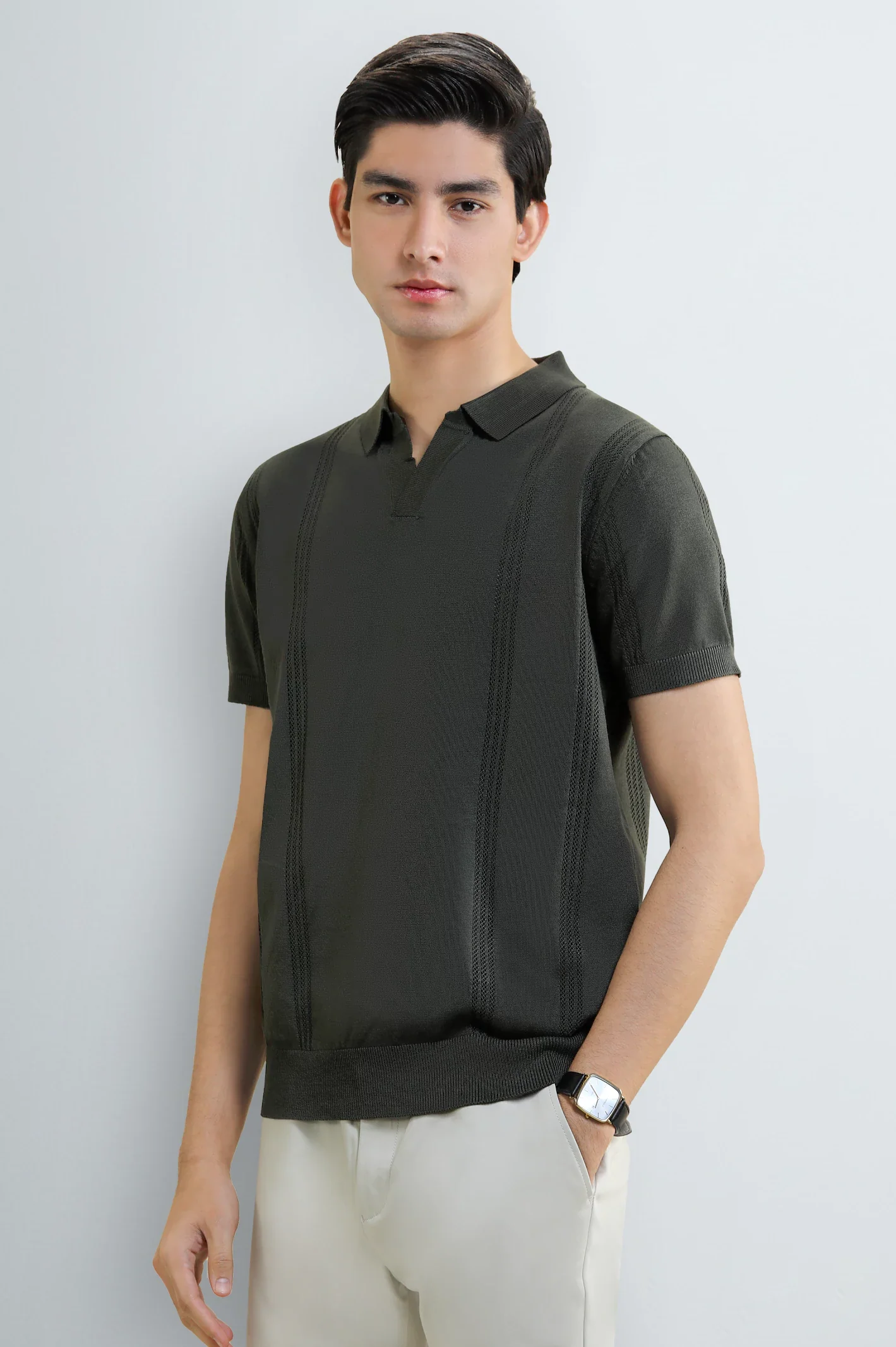 Men's Olive Flat Knit Polo - Image 5