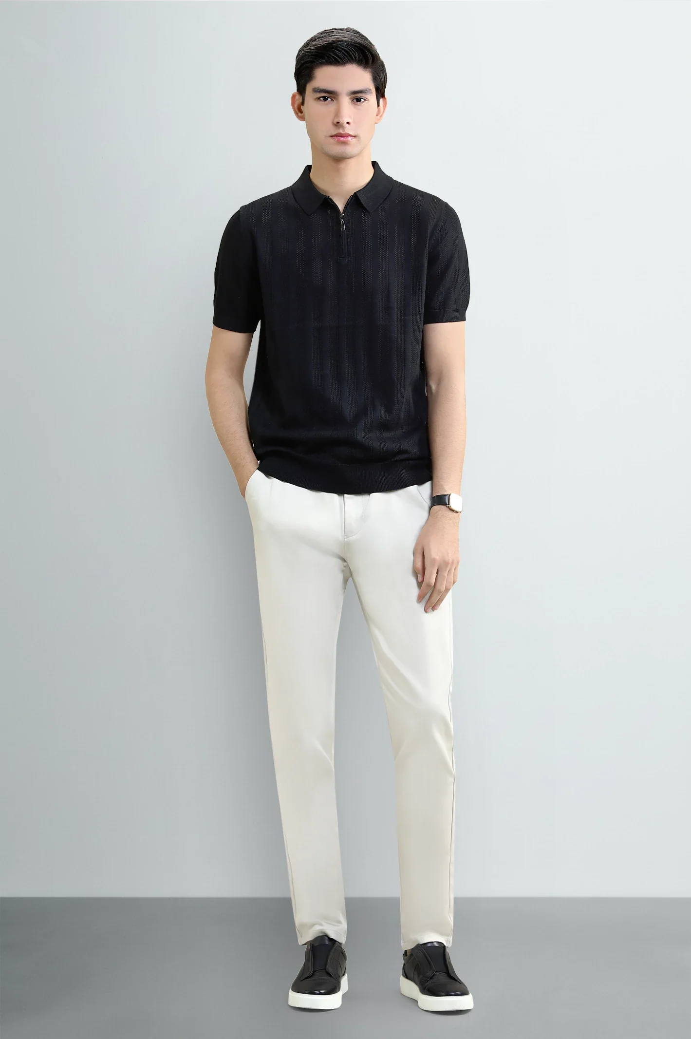 Black Knitted Polo with Quarter-Zip Collar - Image 2