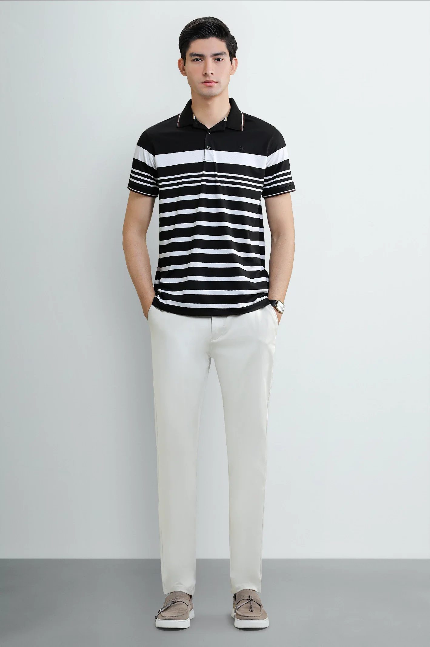 Men's Black Striped Yarn-Dyed Polo - Image 2