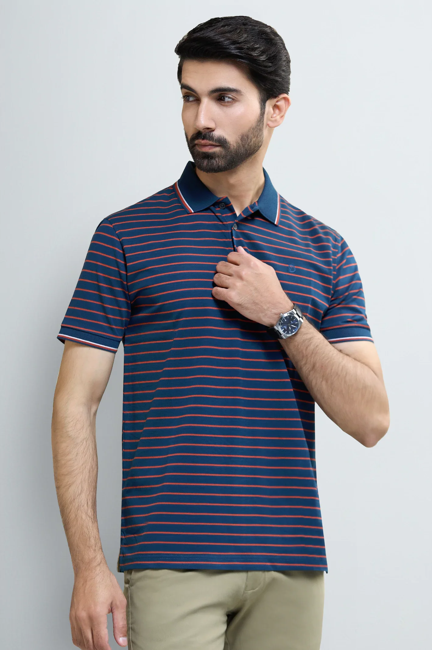 Navy Blue Striped Yarn Dyed Polo