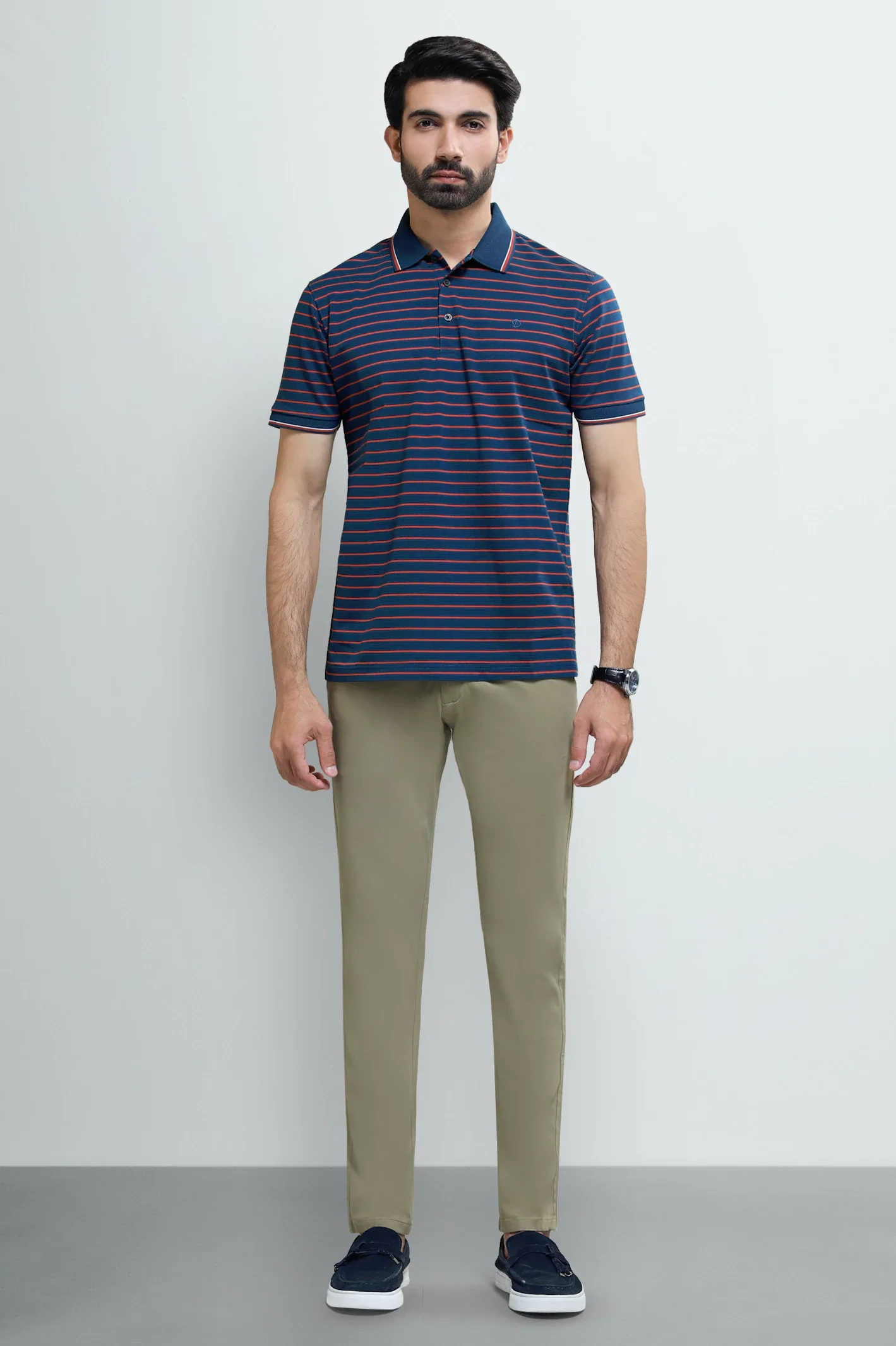 Navy Blue Striped Yarn Dyed Polo - Image 2