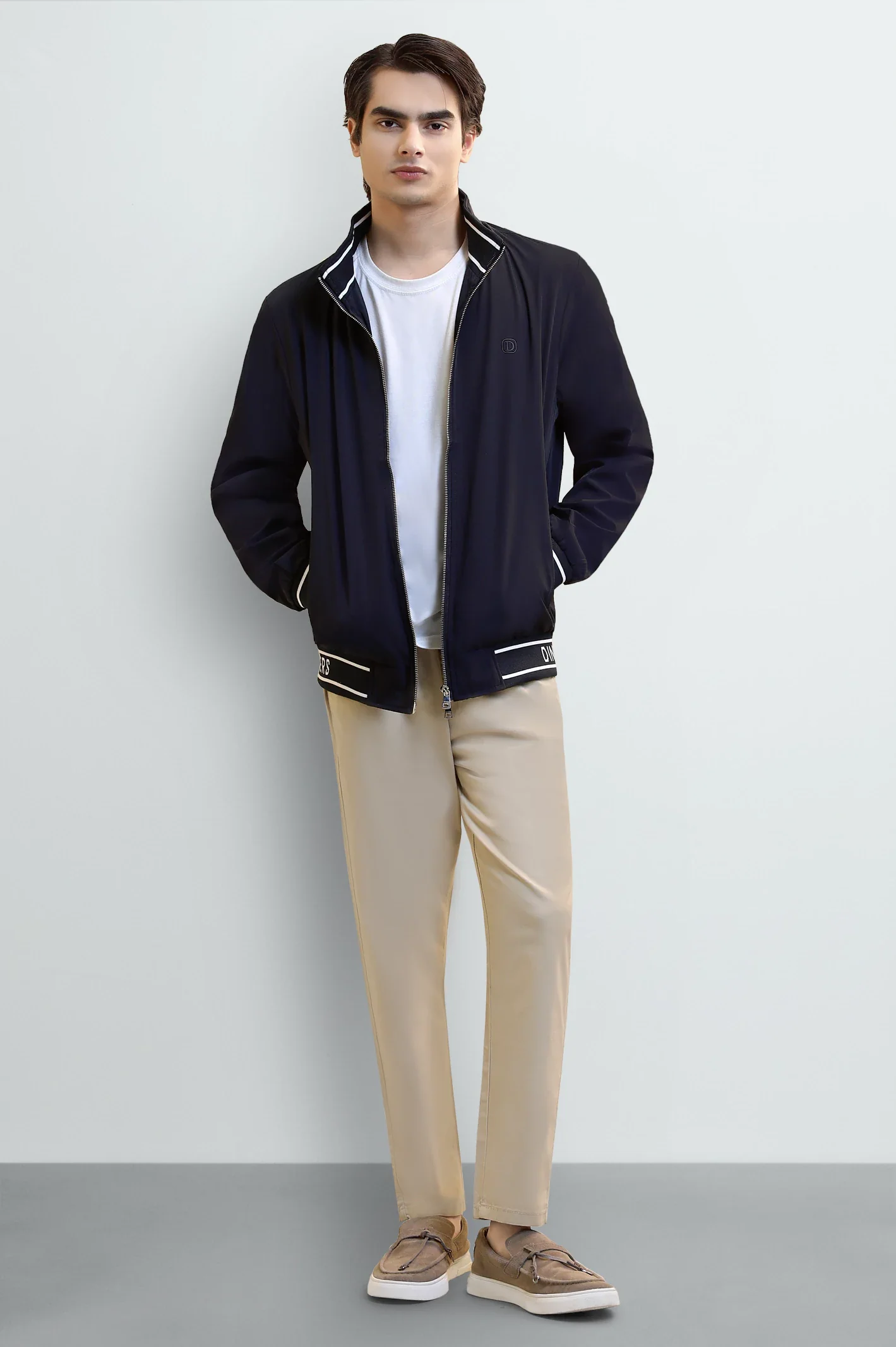 Men's Navy Blue Bomber Jacket with Mock Collar - Image 2