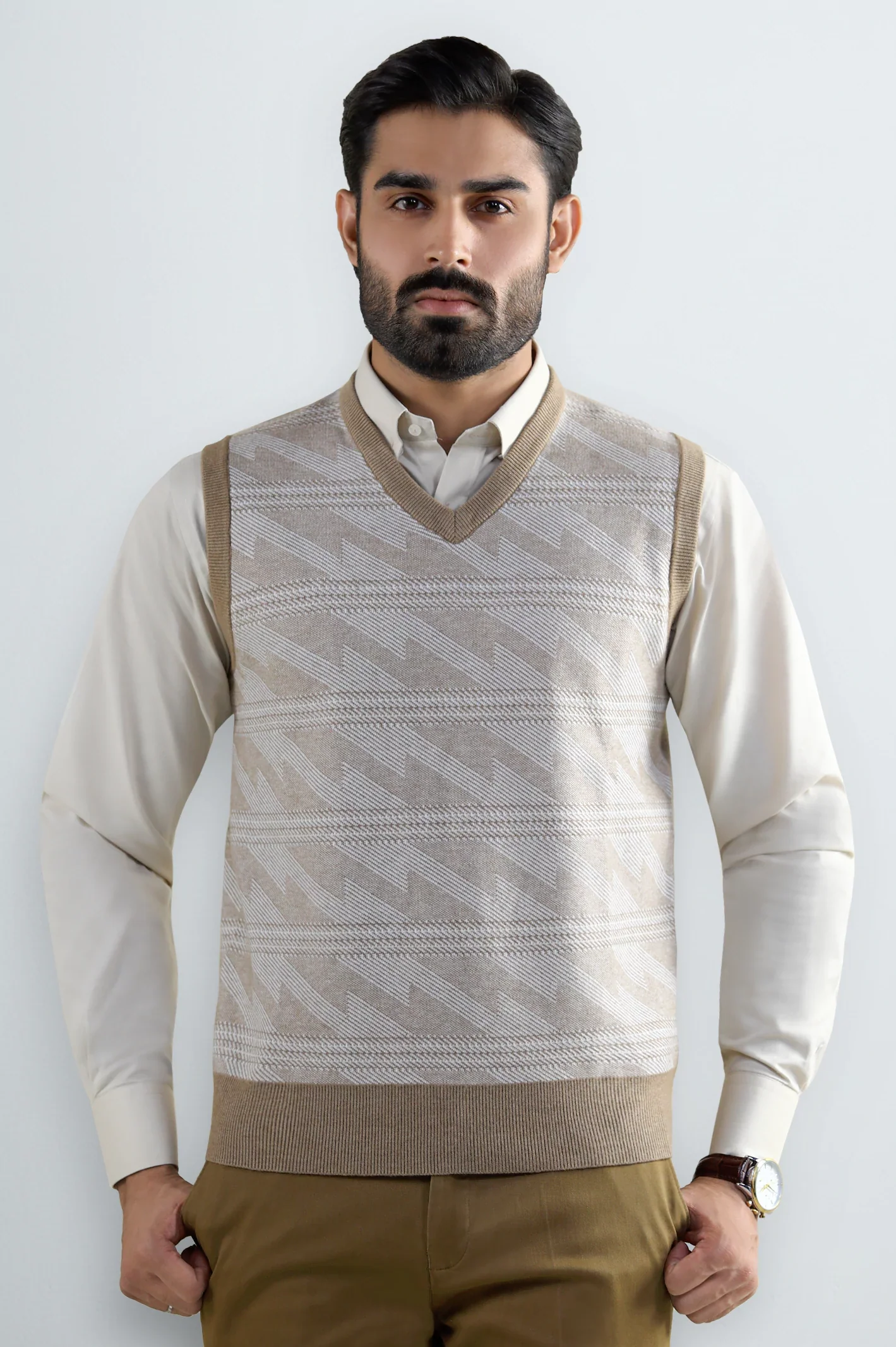 Men V-neck Beige Sleeveless Sweater