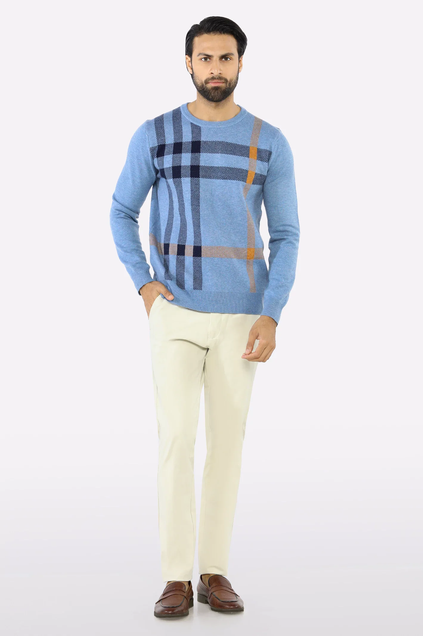 Men Sky Blue Round Neck Sweater - Image 2
