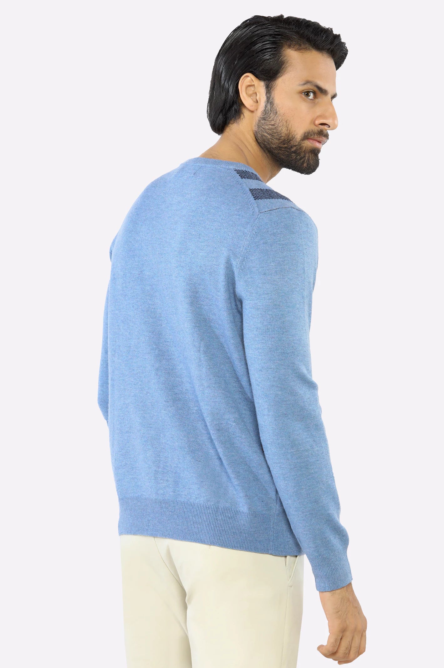 Men Sky Blue Round Neck Sweater - Image 3