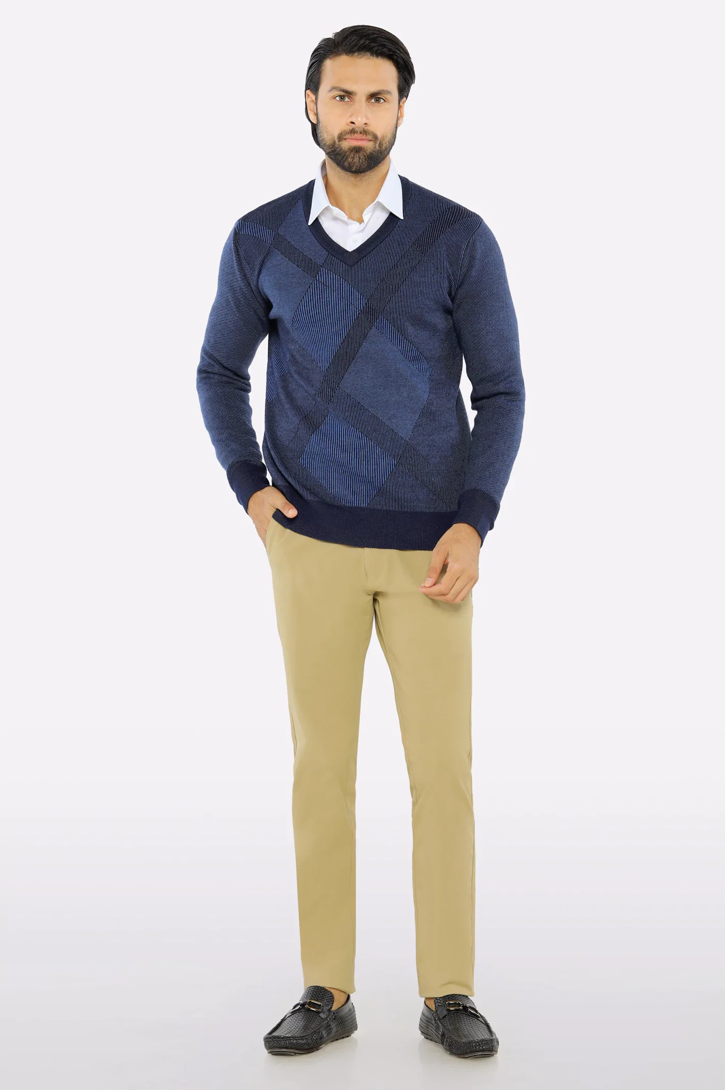 Men V-neck Multi Navy Sleeves Sweater - Image 2
