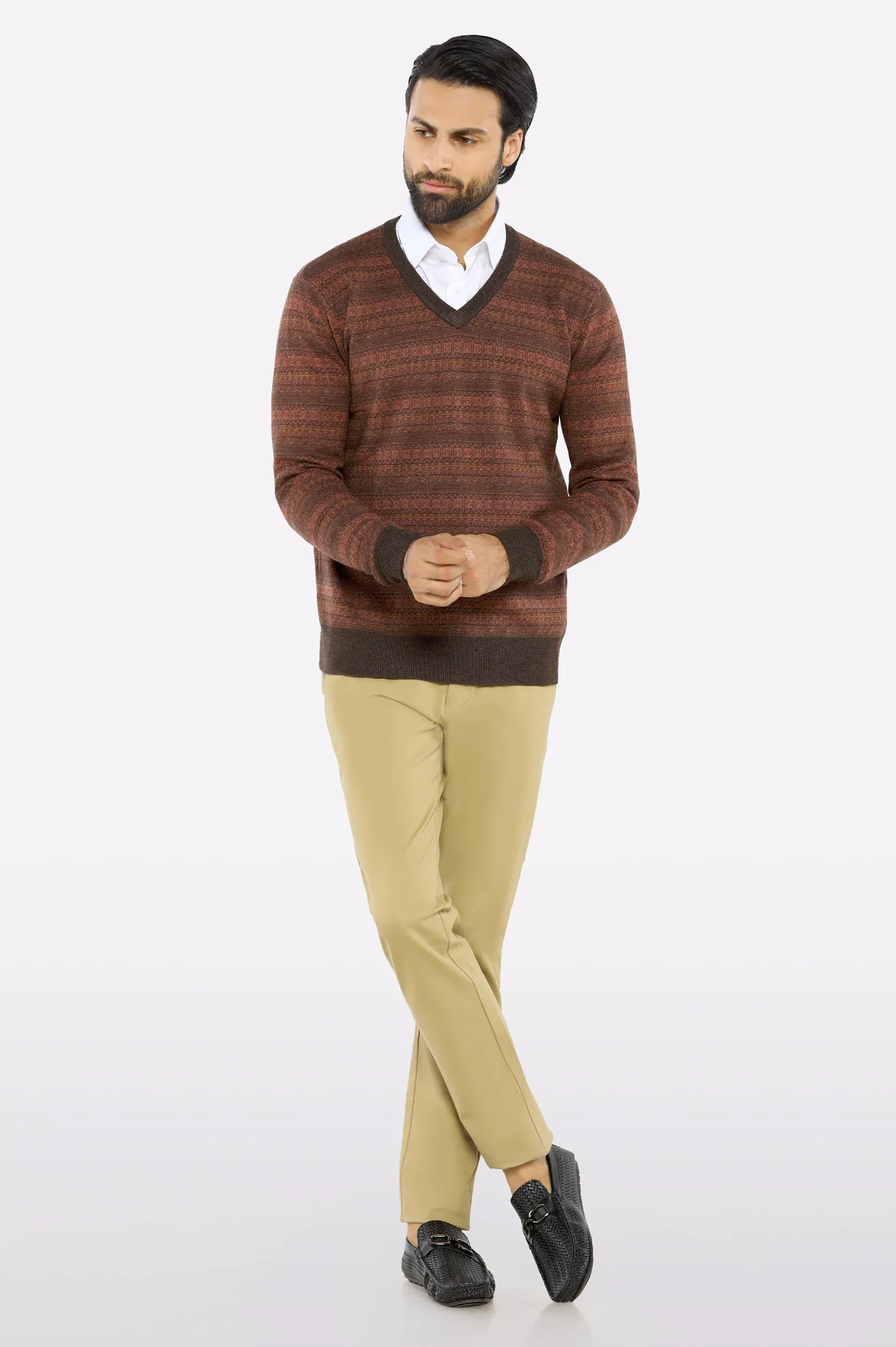 Men V-neck Multi Brown Sleeves Sweater - Image 2
