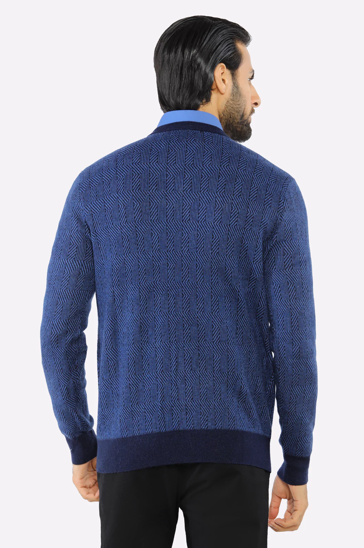 Men V-neck Dark Blue Sleeves Sweater - Image 3