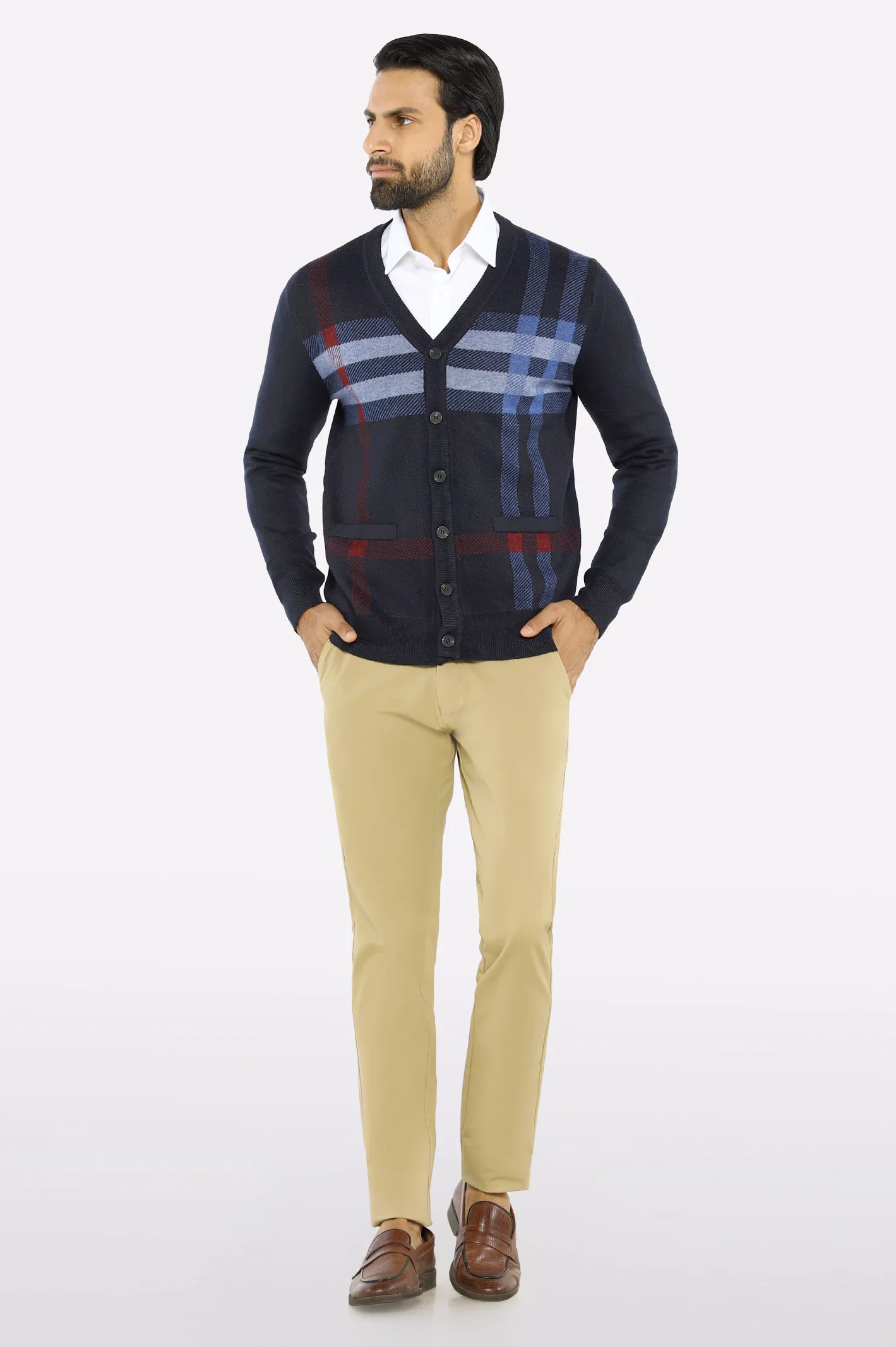 Men Full Sleeves Multi Blue Cardigan - Image 2