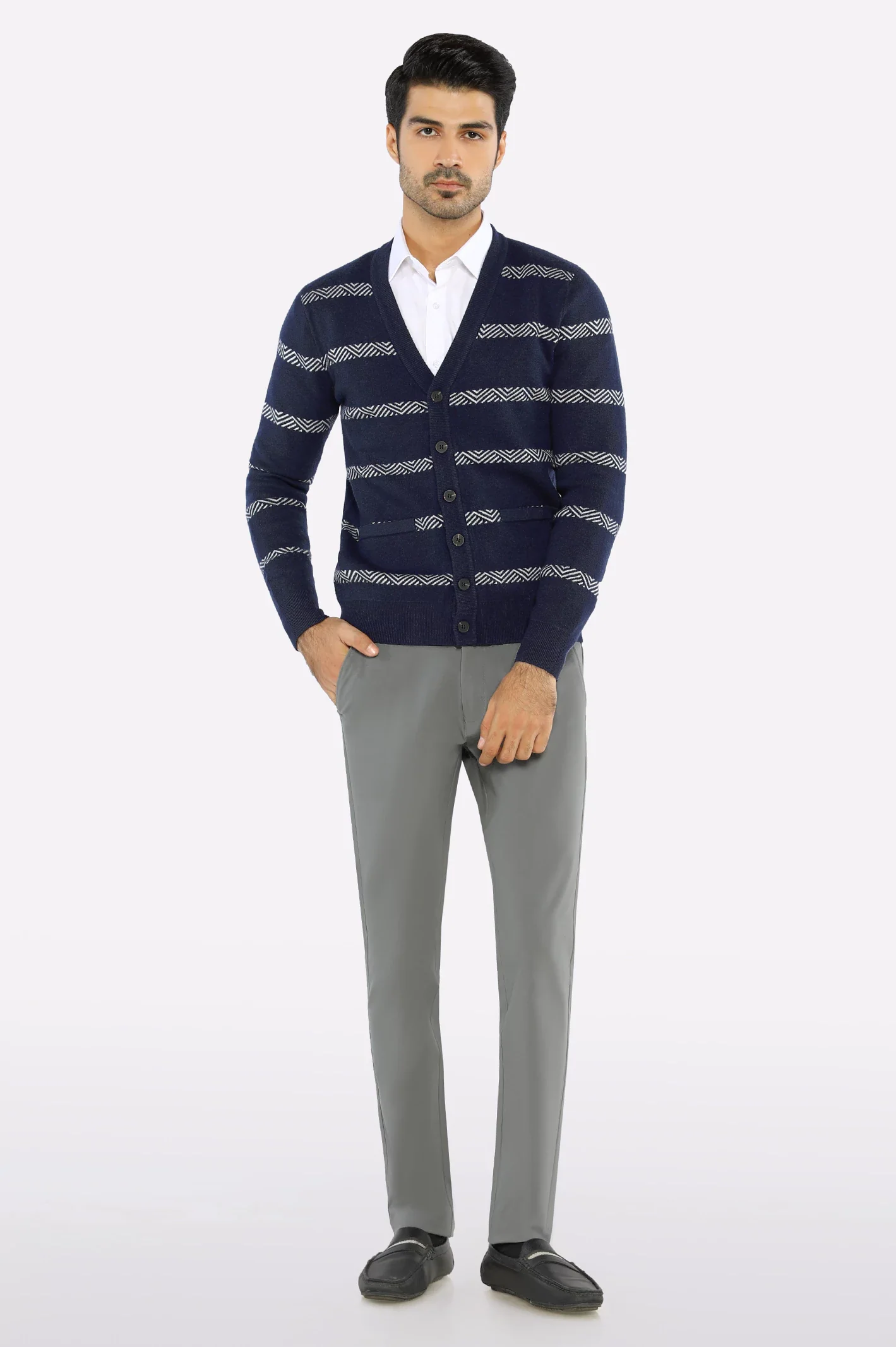 Men Full Sleeves Navy Blue Cardigan - Image 2
