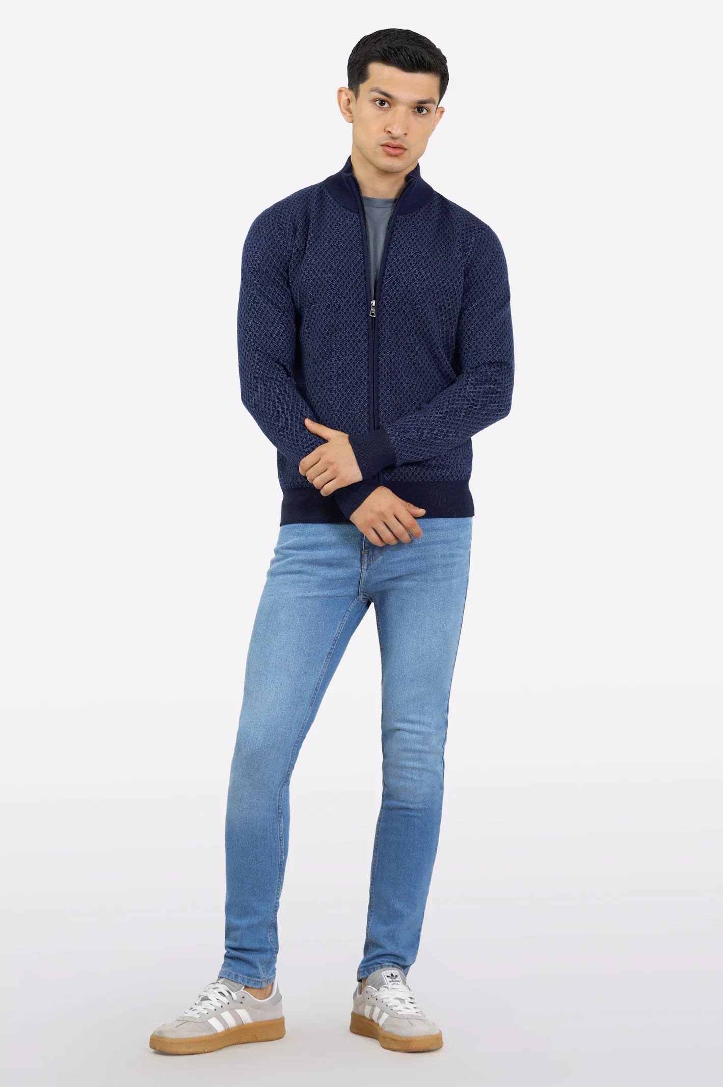 Men Dark Blue Zipper Cardigan - Image 2