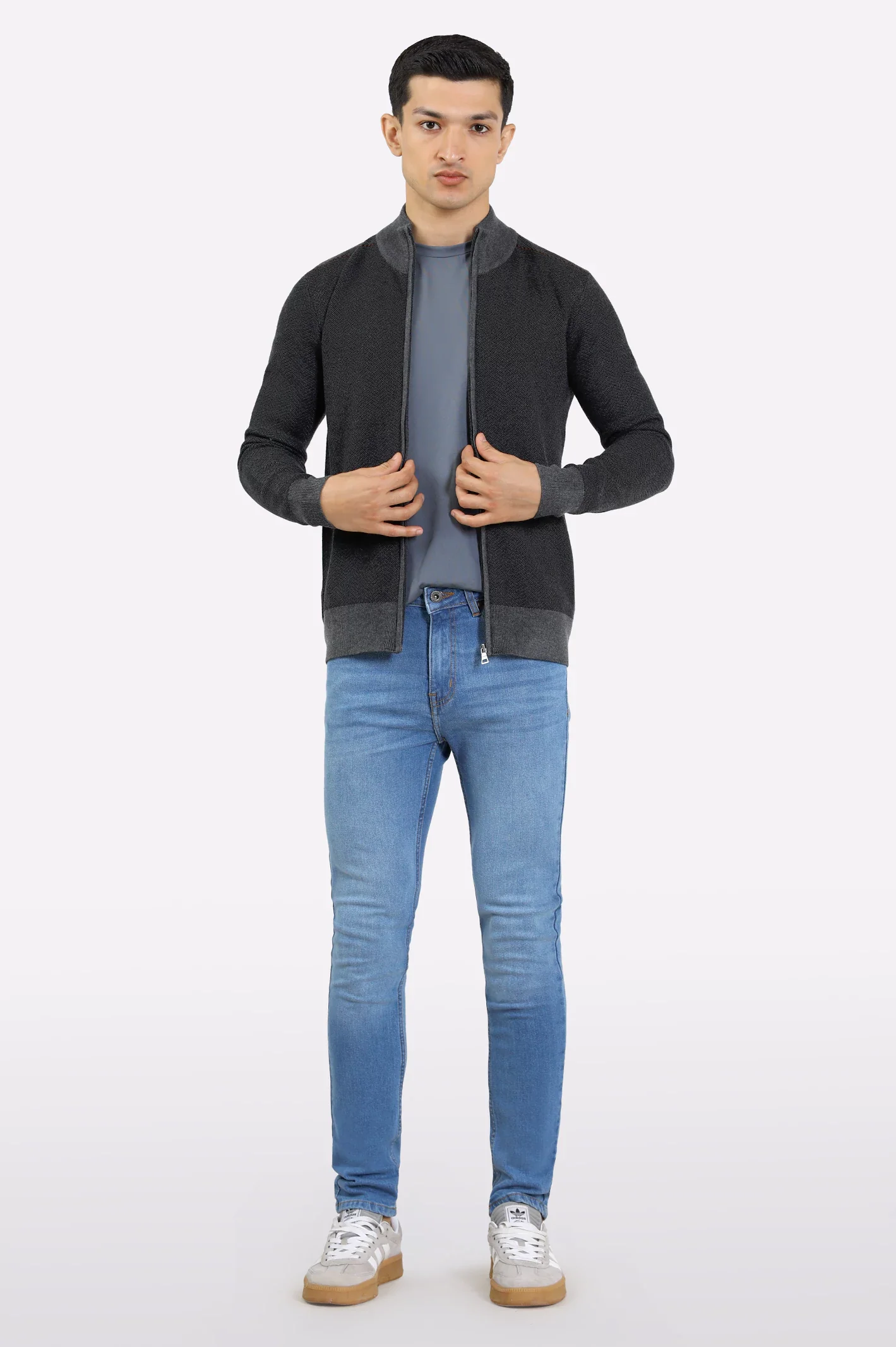 Men Light Grey Zipper Cardigan - Image 2