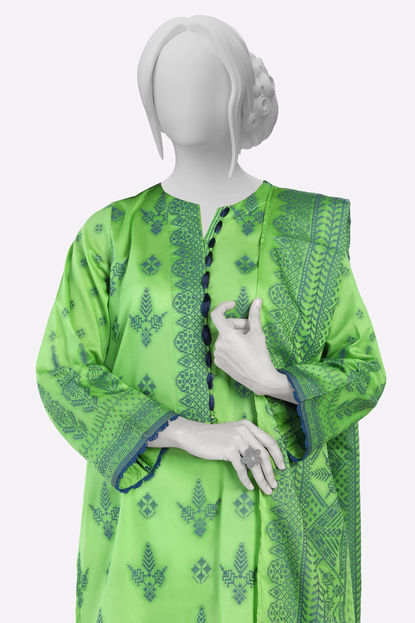 Green Jacquard Stylised Kurti With Dupatta - Image 2