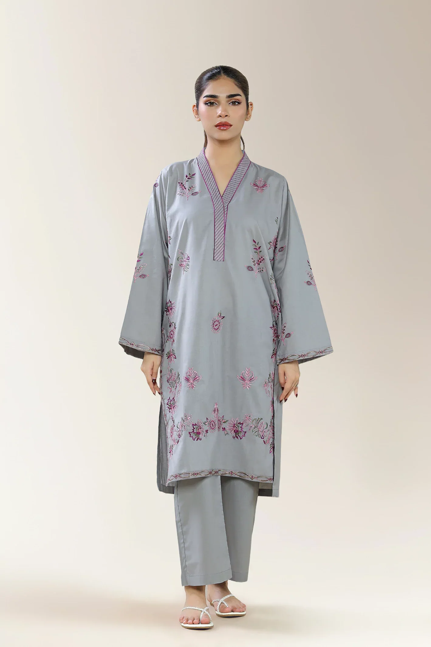 Embroidered Cambric Grey 2PC