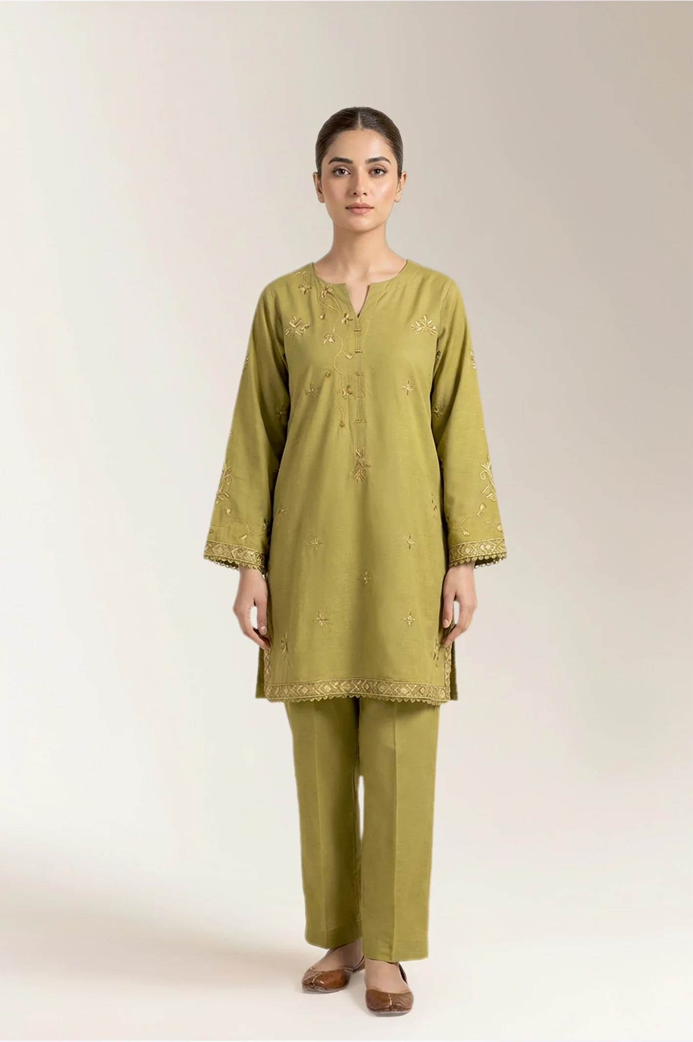 Embroidered Khaddar-Olive Green 2PC
