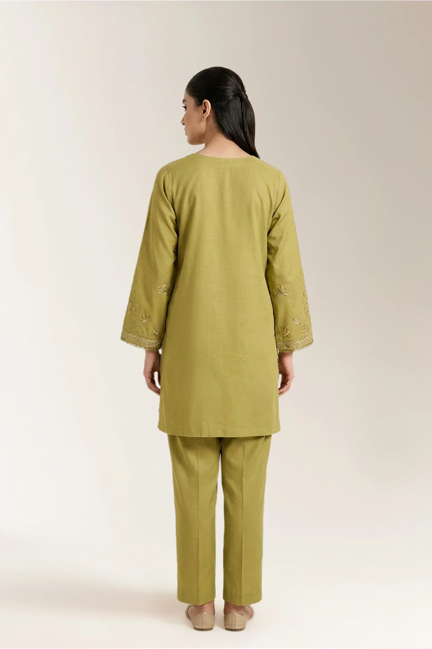 Embroidered Khaddar-Olive Green 2PC - Image 3