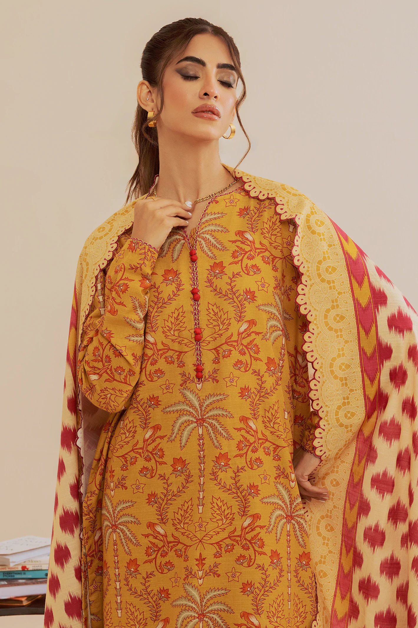 Mustard Printed 3PC Unstitched - Image 2