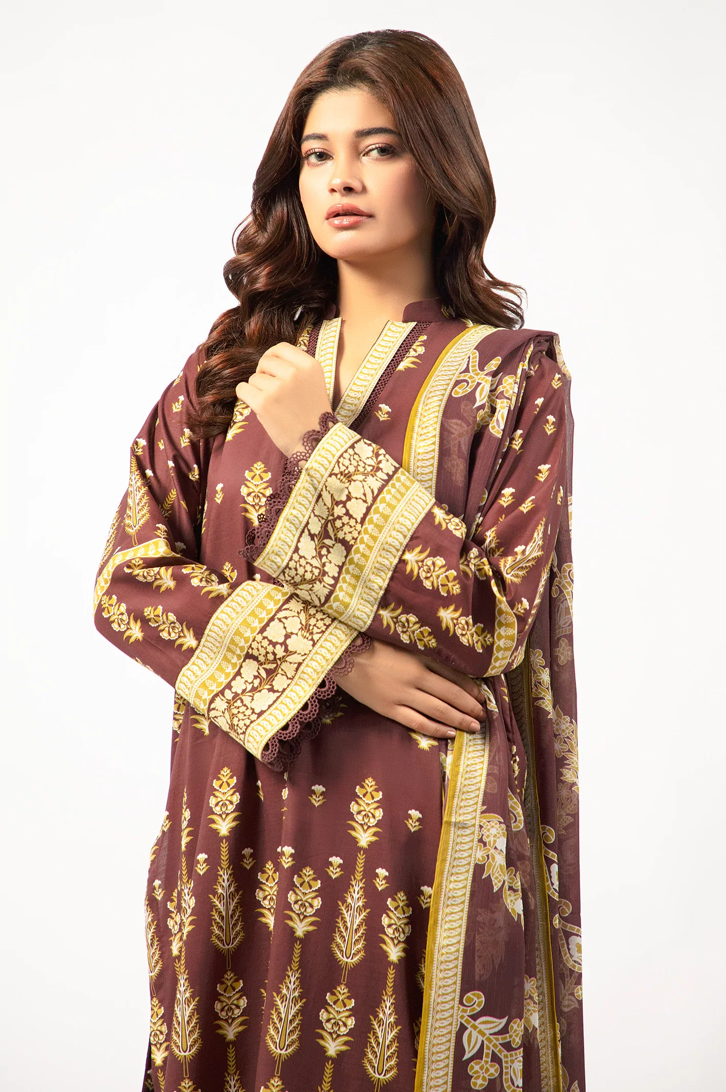 Brown Printed 3PC Unstitched - Image 2