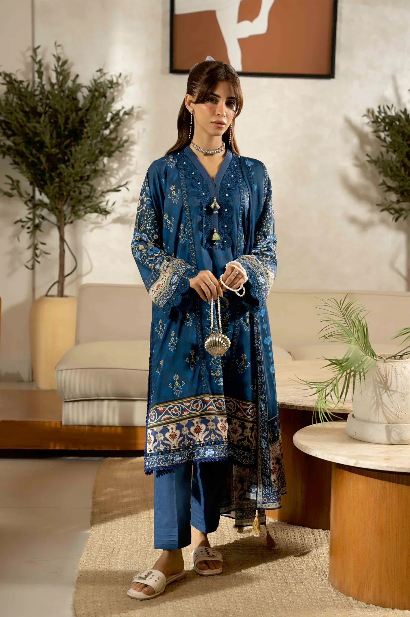 Printed Lawn-Navy Blue Unstitched 3Pc - Image 2