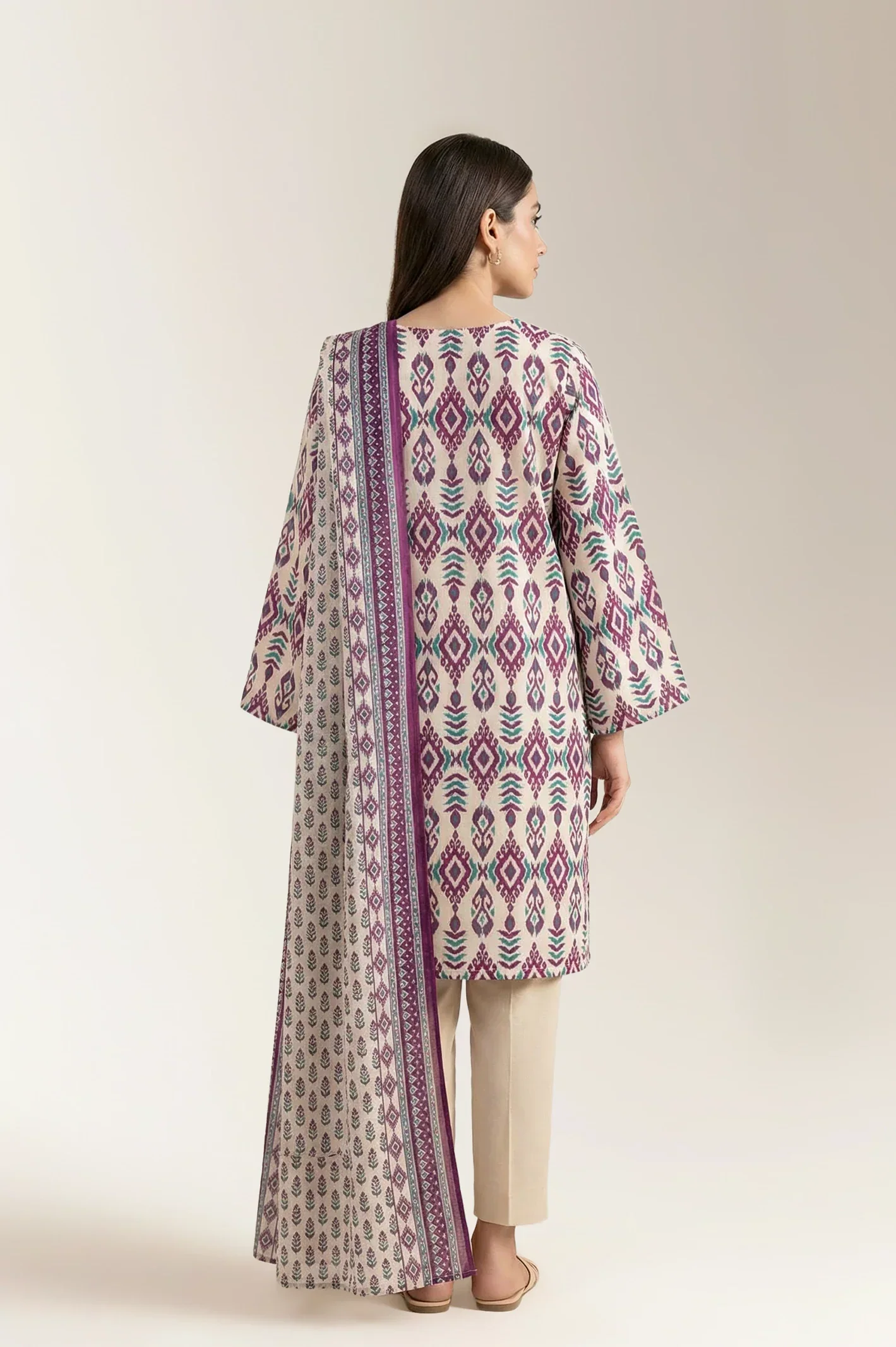 Printed Lawn-Beige Unstitched 3PC - Image 2