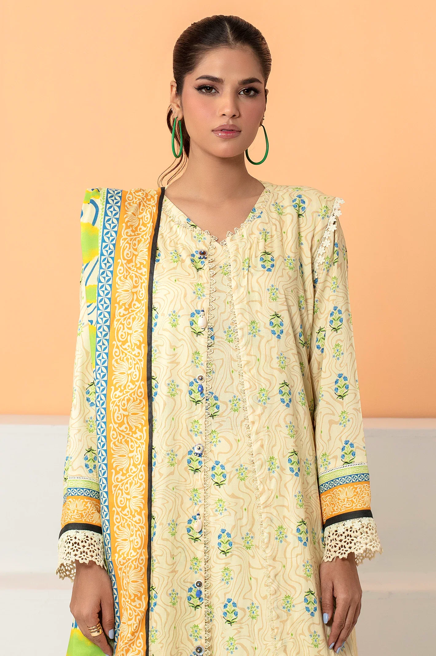 Cream Printed Unstitched Shirt & Dupatta - Image 2